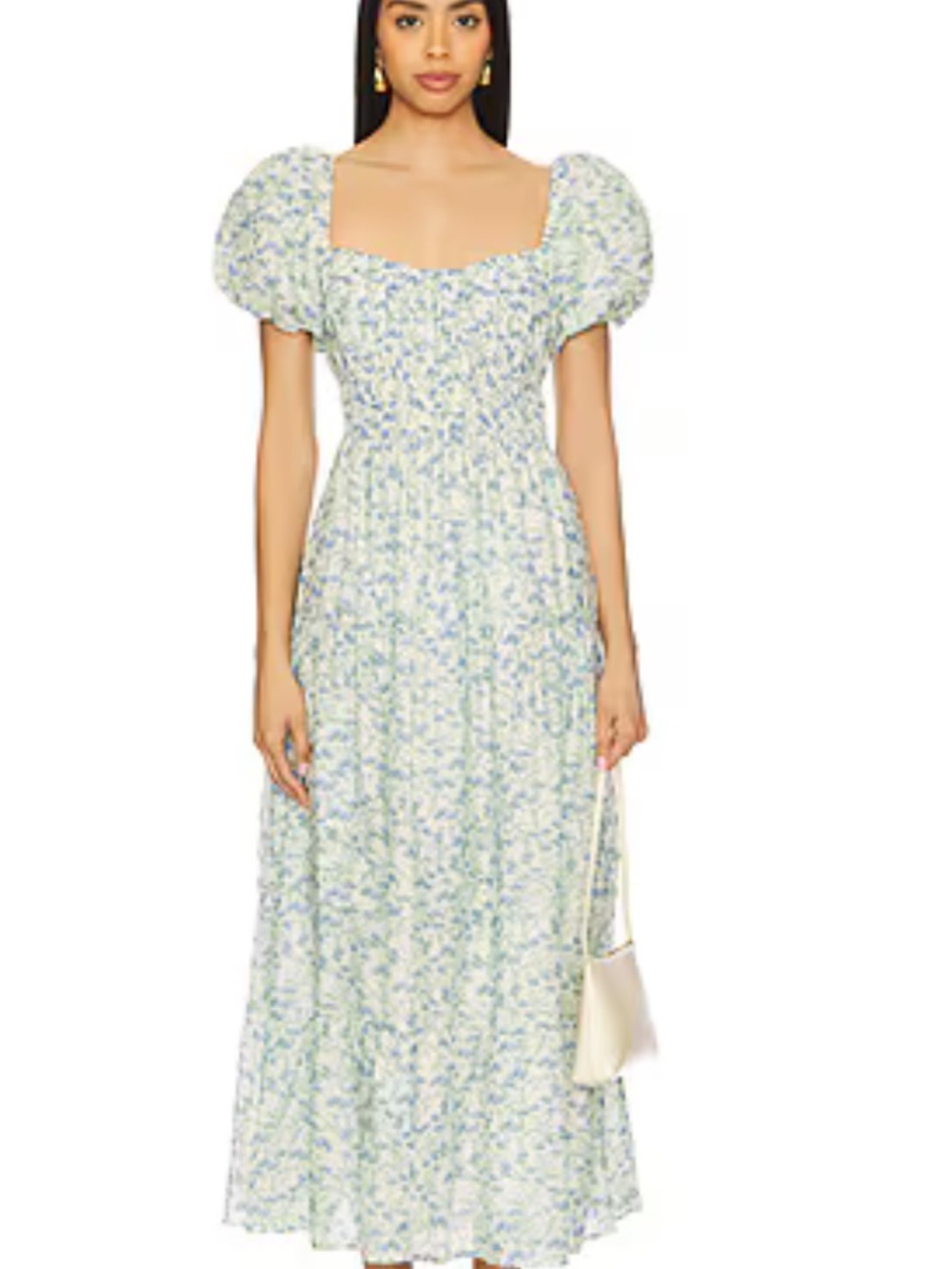 Astr Floral Puff-Sleeve Maxi Dress in Light Blue and White